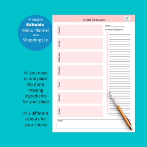 Meal Planner and shopping List, Printable INSTANT DOWNLOAD